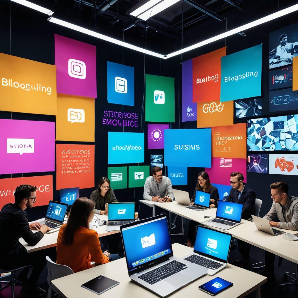 A diverse group of passionate individuals gathered around laptops, brainstorming and collaborating in a vibrant digital workspace. Banners of various blogs and social media icons hover above them, symbolizing connection and creativity. The atmosphere is energetic and colorful, with futuristic elements like holographic displays showcasing their ideas. The background features a cityscape merging with digital elements, representing the revolution in blogging. 3D. vibrant colors. modern design.