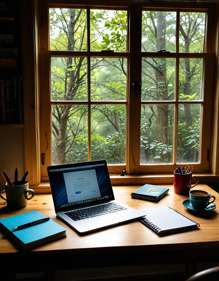 A creative writing workspace featuring an elegant wooden desk with an open laptop displaying an article in progress. Scattered around are vibrant tools such as colorful pens, notebooks, and books on writing techniques. A steaming cup of coffee sits beside a window with sunlight streaming in, casting warm shadows. In the background, a motivational quote about writing hangs on the wall. The atmosphere feels inspiring and dynamic. super-realistic. vibrant colors. natural lighting.