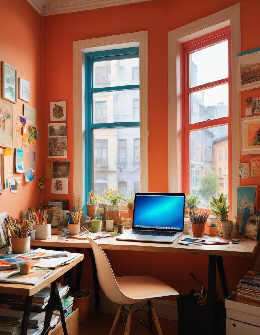 A vibrant workspace filled with colorful art supplies, a laptop with a captivating blog interface on the screen, inspiring quotes pinned to a corkboard, and a window allowing natural light to flood in. The background showcases a lively urban scene through the glass, symbolizing inspiration and connectivity. super-realistic. vibrant colors. airy atmosphere.